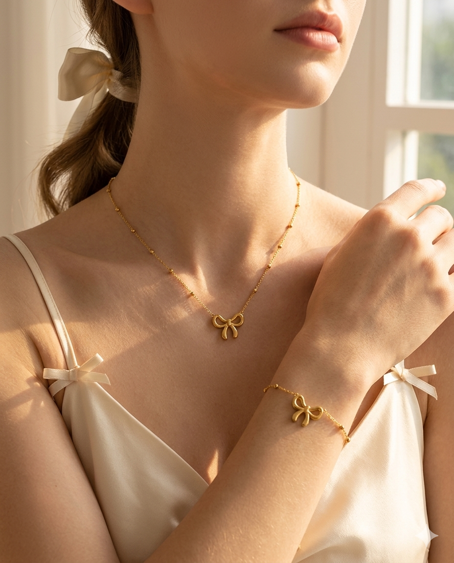 Parure Nœud Élégance – Collier & Bracelet Dorés